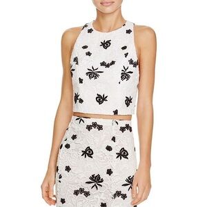 Alice & Olivia Tru Guipure Lace Racerback Crop Top in White/Black
